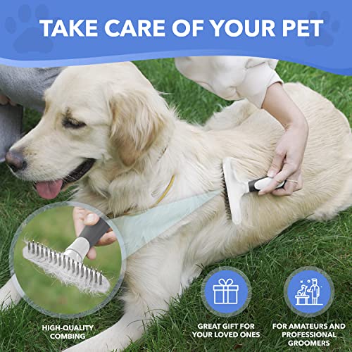 Dog rake deshedding dematting Brush Comb - Undercoat rake for Dogs, Cats, matted, Short,Long Hair Coats - Brush for Shedding, Double Row Stainless Steel pins - Reduce Shedding by 90% (White) - color: White