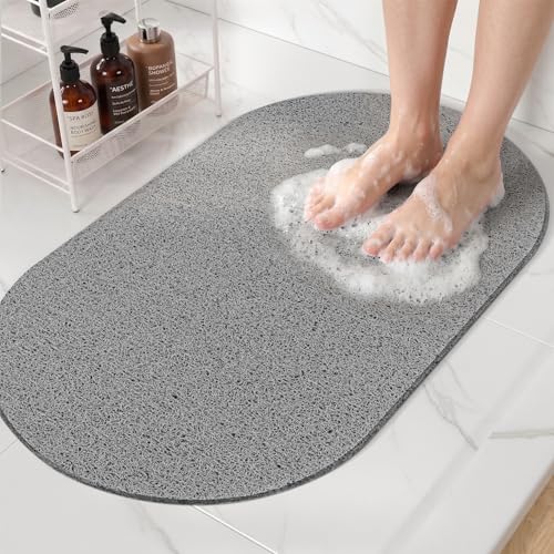HITSLAM Oval Loofah Shower Mat Non Slip, 27x16 Inch, Grey | Bath Mat for Textured Tub & Inside Shower Stall, No Suction Cups Quick Drying PVC Porous Floor Mat, Soft Foot Exfoliating - color: Grey