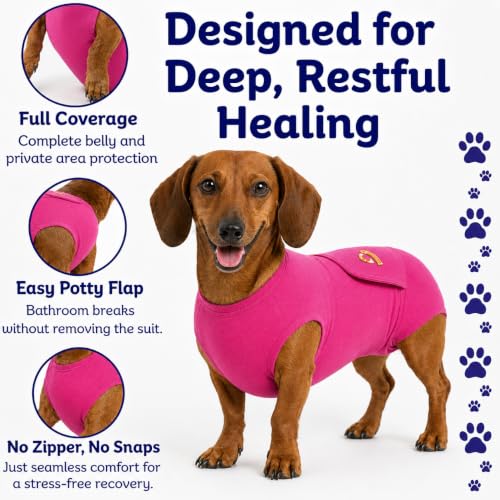Surgi Snuggly Dog Surgery Recovery Suit, Cone Alternative, Spay/Neuter SL | Dog Recovery Suit for Dogs — Veterinarian-Invented Surgical Suit & Recovery Onesie with Easy Bathroom Access After Surgery - color: Princess Pink, size: Small Long (L-12"-15" | G-