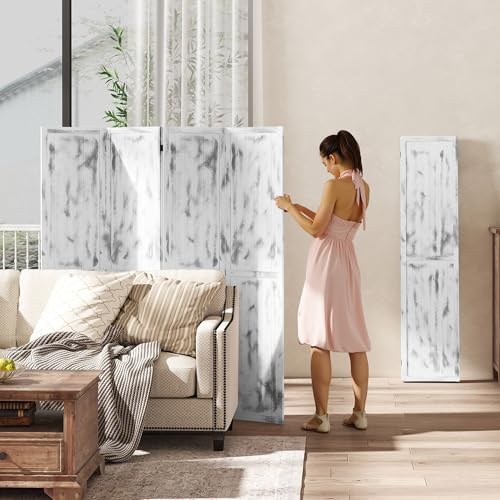 HOMCOM 4-Panel Room Divider, 5.5' Tall, Woodgrain, Rustic White | Freestanding Privacy Divider, Partition Wall Divider for Room Separation