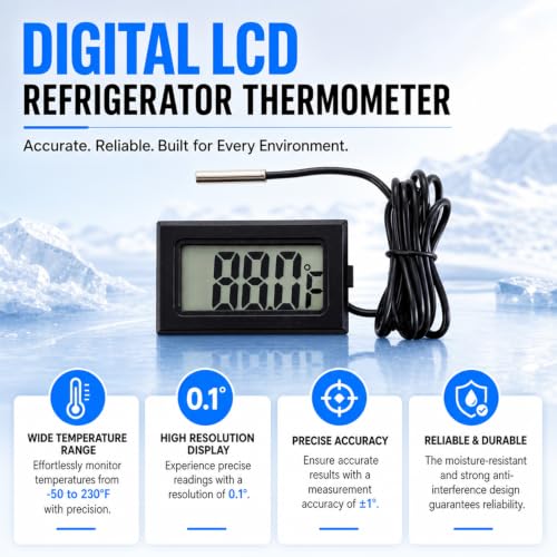 5-Pack Digital LCD Refrigerator Thermometer, Fahrenheit | -50F to 230F range, 0.1 degree resolution, for refrigerator and water temperature monitoring
