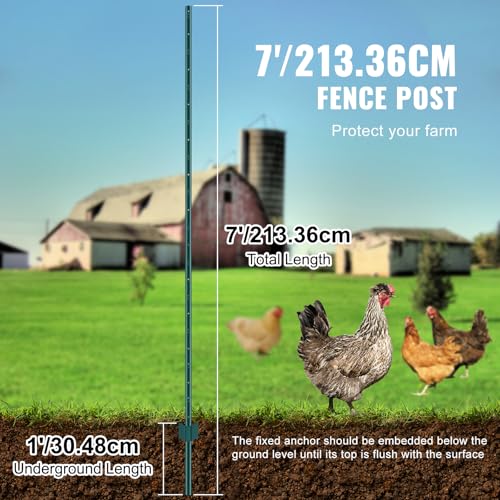 VEVOR Fence Post 7 ft 10 Pack U-Channel Metal Fence Stakes Green | For Garden Yard, Lawn, Farms & Outdoor Wire Fencing, 2 mm Thick Q235 Carbon Steel with Powder-Coated, 50 Zip Ties & 20 Clips - size: 7 Feet 10 Pack