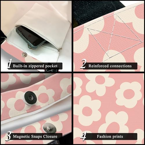 Canvas Tote Bag for Women，Cute Heavy-Duty Shoulder Bag with Zipper Pocket -Travel Tote for Grocery, Gym,Shopping - color: Boho Pink Flower