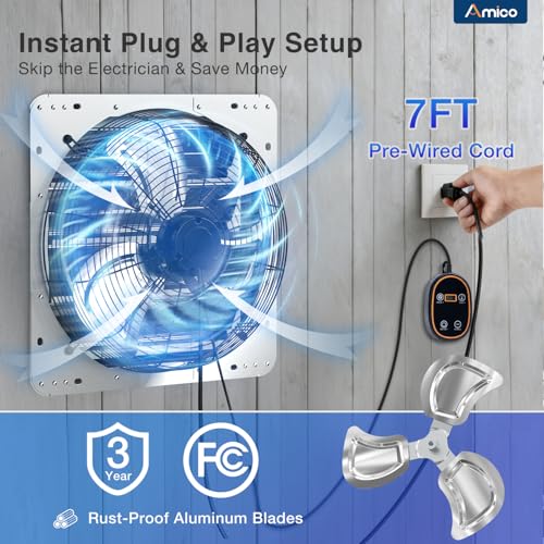 Amico 18 Inch Smart Exhaust Fan with Thermostat, 8-Speed Controller, 2688 CFM (Up to 3800 Sq.Ft), 60W EC Motor Wall Mount Shutter Fan for Barn/Garage/Greenhouse, Plug & Play Vent Fan, FCC - size: 18 Inch