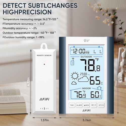 Indoor Outdoor Thermometer Hygrometer Wireless Weather Station - Inside Outside Thermometers Hygrometer Monitor with 330ft Remote Sensor, Battery Powered, Backlight Display (Blue) - color: Blue