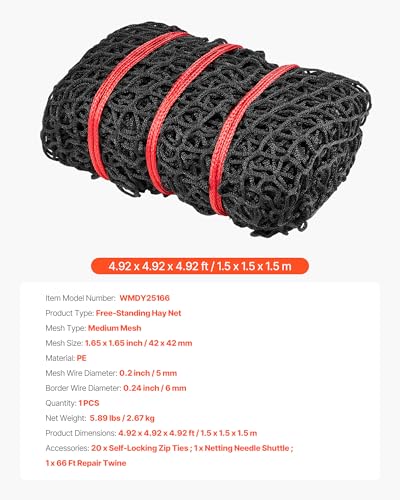 VEVOR Round Bale Hay Net, 4.92 x 4.92 x 4.92 ft, 1.65 inch Holes, PE Material, Knotless Design, with Self-Locking Zip Ties, Needle Shuttle, and Repair Twine, Slow Feeder Round Bale Net for Horses - size: 4.92 x 4.92 x 4.92 ft