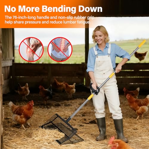 AsFrost 2-in-1 Chicken Poop Scooper & Rake for Chicken Coop | 12" Heavy Duty Litter Scooper Sand Sifting Shovel, Adjustable 26" to 76" Stainless Steel Handle for Small Farm & Sand