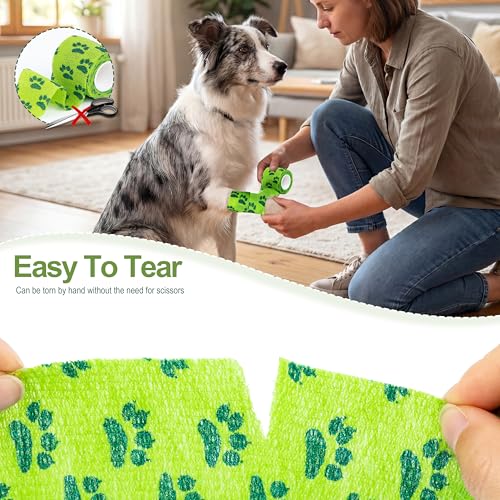 Vet Wrap Cohesive Bandages, Self-Adhesive Bandage Wrap, Breathable Non-Woven Self Adherent Tape for Pet Dog Leg Paw Wound, Horse, Cat, First Aid & Ankle Sprain, 2 Inch (6 Rolls) - color: Paw Prints