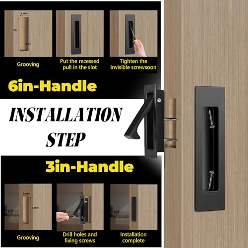 bealy Pocket Door Handles and Edge Pull Matte,Pocket Door Hardware Set, 6Inch Handles Hardware Latch,Recessed Finger Flush Pulls,for Closet,Sliding,Barn Door, 304 Stainless Steel - color: Black, size: 1 Set（2 Recessed Pull Handle +1 Edge Handles）