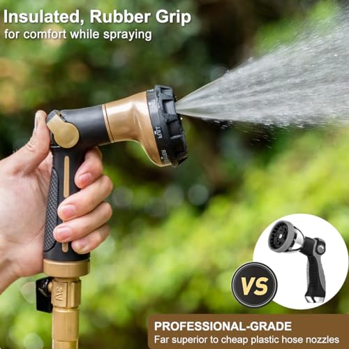 FANHAO Heavy Duty Garden Hose Nozzle, Metal Hose Sprayer Easy Thumb Control | 8 Spray Patterns, Rustproof Water Nozzle, Non-Slip Ergonomic Grip, Elder & Child Friendly for Garden, Car & Pet, Khaki - color: Khaki