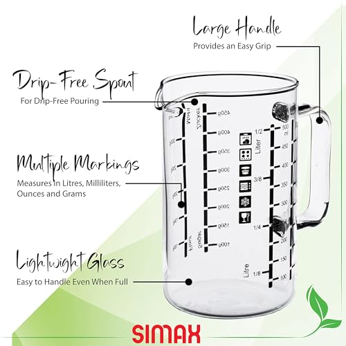 Simax Glass Measuring Cup, 16 Ounce Durable Borosilicate Glass, Easy to Read Metric Measurements, Liter, Milliliter, Ounce, Sugar Grams, Flour Grams, Drip Free Spout, Microwave and Dishwasher Safe - size: 16 Ounce