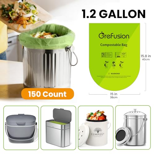 GreFusion Compostable Trash Bags for Kitchen Compost Bin 1.2 Gallon,150 Count,Compost Bags Small for Food Scrap Waste Bags for Countertop Bin Certified by BPI,ASTM D6400 and OK Compost - color: 1.2G-150Count
