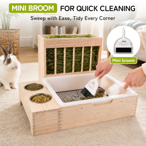 3-in-1 Rabbit Hay Feeder with Litter Box, Bowl Tray for Medium Bunnies | Wire Grate Separates Waste, Includes Mini Brush, Wooden Bunny Toilet for Dutch Rabbits, Polish, Medium Breeds,Easy Clean - size: Large
