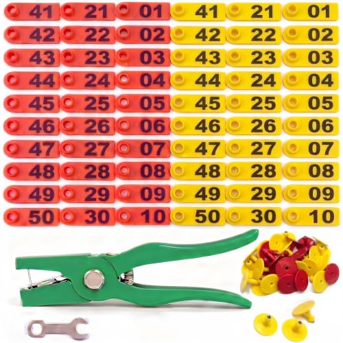 TPU Livestock Ear Tags100pcs 01-50 Number with Livestock Ear Tag Applicator, Yellow & Red Animal ID Tags for Sheep Goat Cattle Pig, Durable Farm Identification Tools (Yellow & Red) - color: Yellow & Red