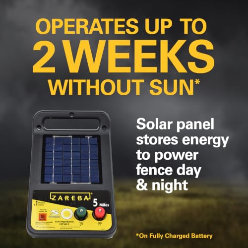 Zareba Solar Electric Fence Charger, 5 Mile Range Low Impedance Energizer | 360-Degree Rotation, T-Post Mounting Bracket, Rotational Grazing Fence Charger for Livestock & Cattle, Contain Animals
