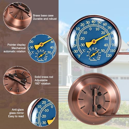 4 Inch Brass Outdoor Thermometer with Humidity Meter, Weather Temperature Gauge Monitor Outdoor Indoor Waterproof Hygrometer for Pool Wall House Patio Window Greenhouse Outside Garage Garden - color: green, style: Style 1