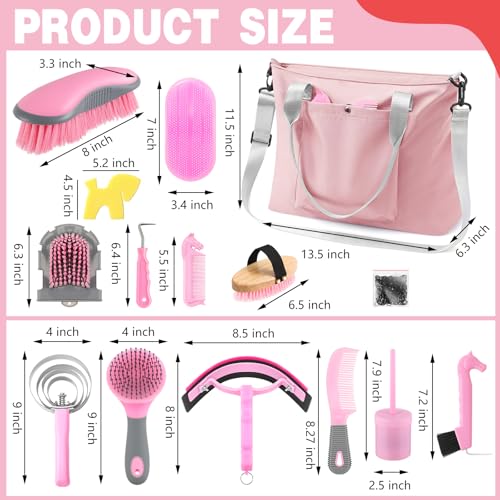 Abbylike 15 Pieces Horse Grooming Kit with Organizer Tote Bag Tack Room Supplies Horse Brush Sets Care Equine Cleaning Kit Shedding Grooming Massaging Tools(Pink and Grey) - color: Pink and Grey