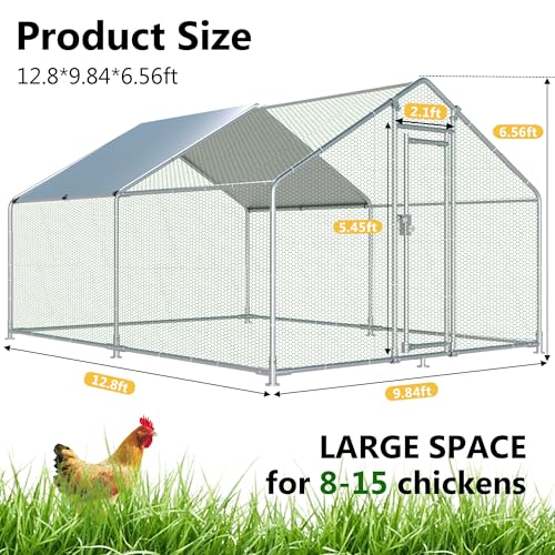 HITTITE Large Metal Chicken Coop with Run, 12.8 x 9.84 x 6.56 ft Walk in Poultry Cage Chicken Run Pen, Outdoor Chicken Runs for Yard with Waterproof & Anti-UV Cover - size: 153.6"L x 118.0"W x 79.2"H