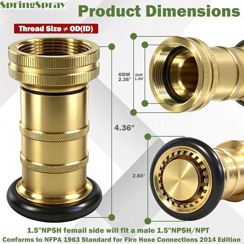 1-1/2" NPSH/NPT Brass Fire Hose Nozzle | Heavy Duty Adjustable Spray Jet Fog Nozzle, Constant Flow Industrial Firefighter Nozzle, 85 GPM, 100 PSI - size: 1-1/2"NPSH