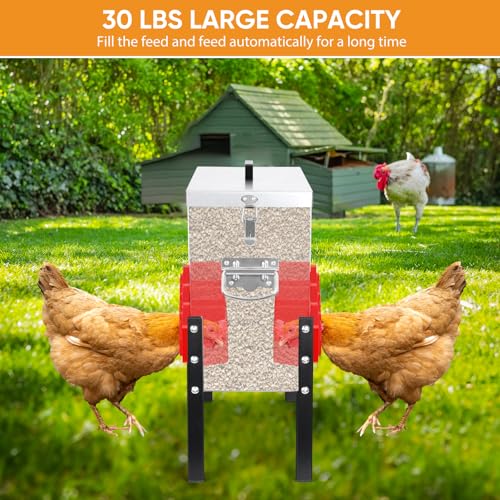 ‎Tgeyd 30 lb Large Capacity Automatic Chicken Feed Box with 6 Upgraded House-Shaped Flow Ports, Heavy-Duty Outdoor Metal Feeder with Adjustable Height & Locking Lid - color: Cockscomb Red