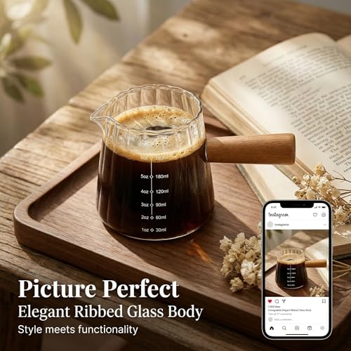 6 oz Espresso Cups With Wood Handle, Espresso Accessories, Ribbed Milk Frothing Pitcher, Glass Measuring Cup, Shot Glass with V-Shaped Mouth, Coffee Bar Epresso Shots Cup