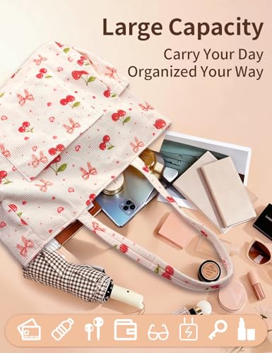 Corduroy Tote Bag for Women, Cute Floral Tote Bag with Zipper, Large Shoulder Handbag with Multi-Pockets for Work Travel Gym - color: Cherry