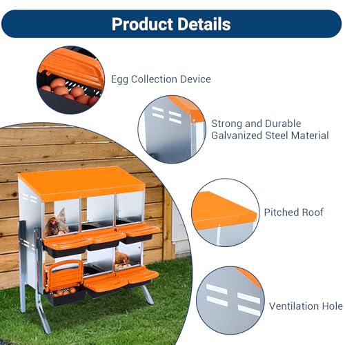 Nesting Boxes for Chickens, 6 Compartments Chicken Nesting Box, Chicken Laying Boxes with Lid Cover, Roll Away Nesting Box for Chickens Laying Egg, with Metal Bracket, Orange