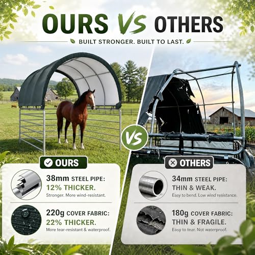 Polar Aurora 10'x10' Corral Shelter, Heavy Duty Round Style Canopy, Waterproof and UV Treated Canvas Cover, Easy Assembly Stable and Agricultural Storage and Shade Shed Kit for Livestock, Green - size: 10x10 FT