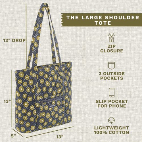 Bella Taylor Large Tote, Quilted Shoulder Bag for Women | Lightweight, 6-pocket large quilted purse, machine washable, zippered top, ultimate organization, durable construction - color: Dotted Daisy Charcoal