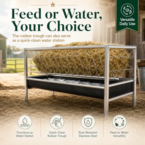 98 Gallon Livestock Feeder, Hay Feeder for Goats Sheep Calves and Horses | Anti-waste stainless steel goat feeder with rubber trough supports hay and feed access for goats, sheep, calves and horses.