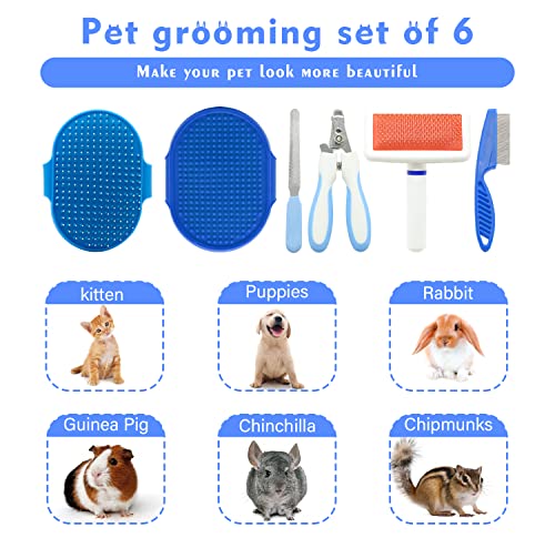 Pet Grooming Kit with Slicker Brush Bath Massage Glove Brush Pet Shedding Comb Nail Clipper Trimmer 6 Piece Set for Rabbit Kitten Guinea Pig Cat Chinchilla Ferret Small Animals - color: Blue