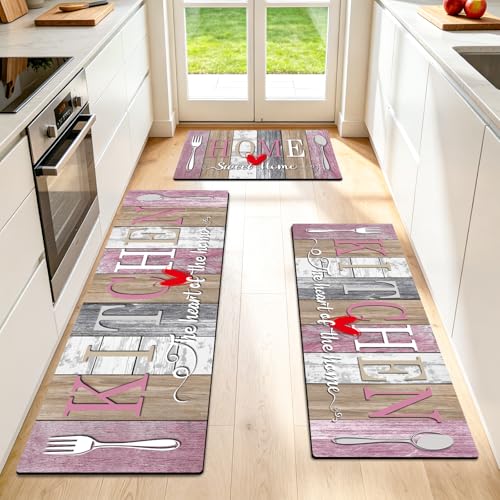Kitchen Rugs Set 3 Piece, Non Slip Pink Kitchen Mats for Floor, Soft Fabric with Rubber Backing, Farmhouse Anti Fatigue Runners Carpet for Home Kitchen Laundry Room Hallway (Rustic Pink & Grey) - color: Rustic Pink & Grey