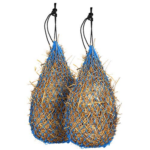 Majestic Ally 2 pcs Slow Feed 42” Hay Net for Horses, Strong Small 2x2” Holes, Nylon Rope Hanging, Adjustable Travel Feeder for Trailer and Stall, Simulates Grazing, Reduce Waste - color: Hurricane Blue