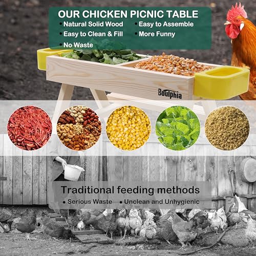 Boulphia Chicken Feeders and Waterers, Chicken Feeder No Waste Kit with Picnic Table and 2 Water Feeder, Handmade Wooden Chicken Supplies & Accessories for Chicken Coop - color: Natural Solid Wood