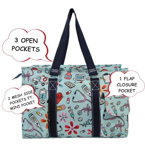 NGIL Utility Water Resistant Tote Bag | Work Tote for Women, Nurse Bag, Teacher's Choice Purse, Gym Bag, Everyday Organizer Top Zipper Closure - color: Groovy Nurse- Navy