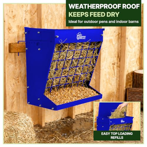 Wall Mount Hay Rack And Hay Feeder For Goats Sheep And Horses, Covered Galvanized Steel Goat Hay Feeder With Hinged Roof, 25 Gallon 2-In-1 No Waste Hanging Holder Grain Bin with hook For Cattle - color: Blue