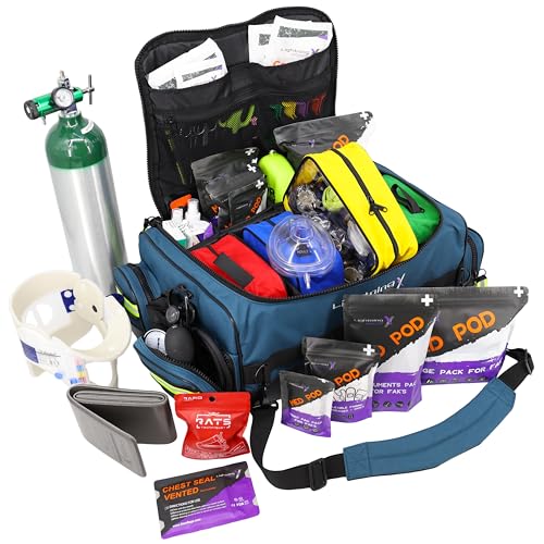 Lightning X Fully Stocked X-Tuff Modular Oxygen Trauma Bag w/Removable Organizer Pouches for EMS/EMT + First Responder - Blue - color: Blue