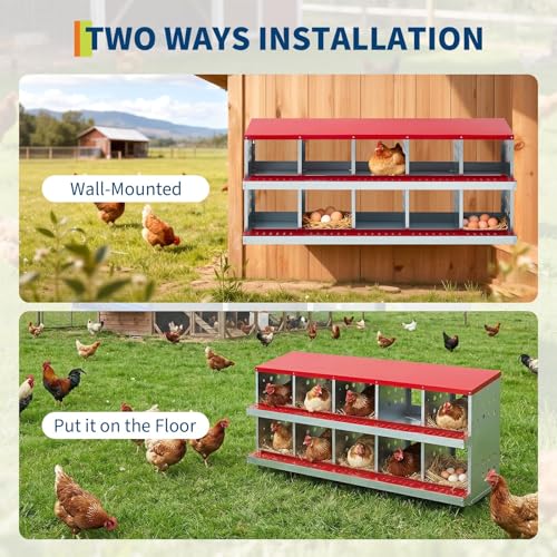 62.99" Metal Chicken Nesting Box, 10-Compartment 2-Tier Poultry Nest Box with Perch and Ventilation Holes, Red Roof Hen Laying Box for Up to 10 Chickens - color: Red A, size: 63.0"L x 18.9"W x 28.0"H