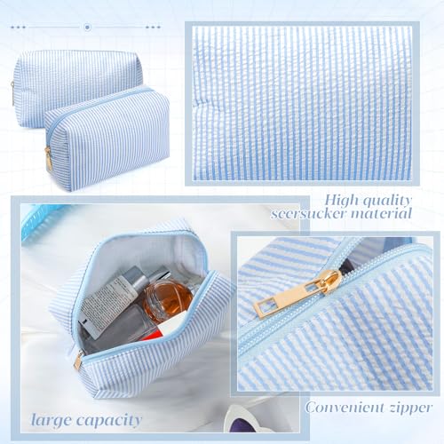 Sanwuta 20 Pcs Seersucker Cosmetic Bags Bulk, Striped Zippered,Light Blue | Makeup Bags Women Pouch, Large Preppy Storage Toiletry Travel Pouch for Wedding Bridesmaid Bride Favor Back to Teacher Gift - color: Light Blue