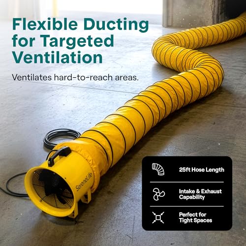 SereneLife Heavy Duty Cylinder Fan 12 inch,Blower Fan with 3200 CFM Airflow, 25ft PVC Ducting, Industrial Exhaust for Warehouses, Workshops, Crawl Spaces, & Basements, Smoke & Odor Removal