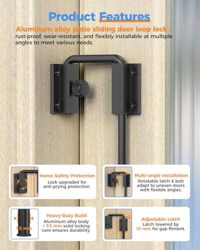 Updated U Patio Sliding Door Loop Lock Latch, Black | 90/180 Degree Aluminum Alloy Home Security Loop Bolt Lock for Barn Door,Window, Fence, Shed and Gate Latch - Rotary Locking - color: Black-1 PC