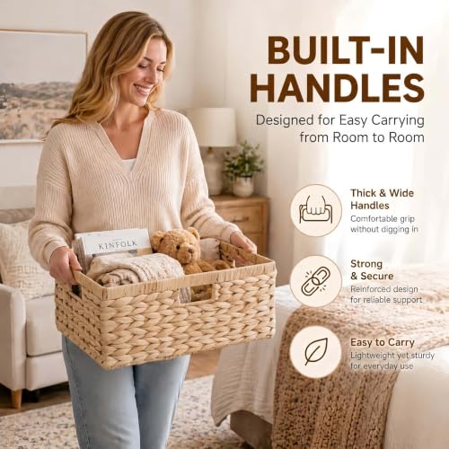 Wicker Storage Basket for Organizing, Handwoven Water Hyacinth Basket with Metal Frame & 3 Handles, 16.5"L x 13"W x 7.5"H