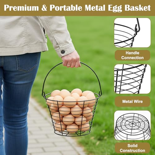 4 Pcs 8" Black Round Wire Egg Basket for Gathering Fresh Eggs Metal Egg Collecting Basket with Handle Chicken Eggs Holder Countertop Farmhouse Kitchen Decor Storage