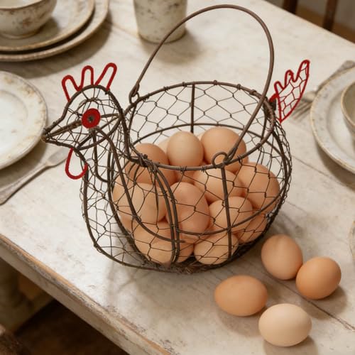 Chicken Egg Basket for Gatheirng Fresh Egg,Wire Egg basket | Rooster Shaped Egg Collection Basket,Metal Egg Collecting Basket with Handle, Farmhouse Countertop Decor Kitchen