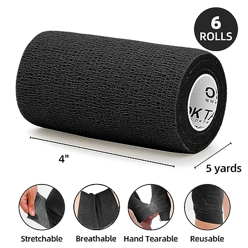 OK TAPE Self Adherent Cohesive Bandages Wrap 6Packs 4" x 5 Yards | Non-Woven Elastic for Thumb Finger Wrist Ankle Self Adhesive Bandage Wrap Breathable Vet Wrap Bandages Tape (Black) - color: Black, size: 4 In x 5 Yards