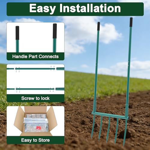 Broad Fork Garden Tool, 5 Tines Heavy-Duty U-Shaped Hand Tiller | 55 Inch Detachable Ergonomic Broadfork for Digging, Cultivating & Loosening Soil, Gardening & Farming