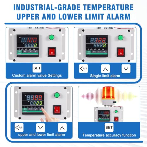 JIAWANSHUN High Precision Industrial Temperature Alarm, -326.2°F-1202°F ±0.18°F, Dual Limit Alarm with Self-Calibration, Audio Visual Alert for Hatchery, Greenhouse, Farm & Fish Pond
