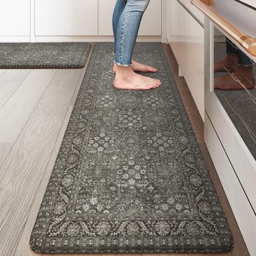 KIMODE Anti Fatigue Kitchen Mat 2PC,Waterproof Farmhouse Green Kitchen Rugs | Vintage Kitchen Mat for Floor Non-Slip,Cushioned Comfort Foam Standing Mat for Laundry,Office,Sink,Desk,Dormitory - color: Green/Grey, size: 17.3" x 59"+17.3" x 29"--0.47 inches