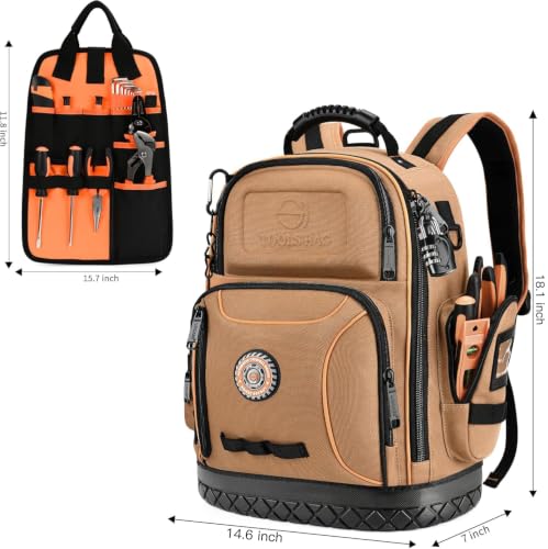 LOKASS 18.1-Inch Heavy-Duty Tool Backpack, 75 Pockets, Brown | 110 lbs Load Tested, 1680D Tear-Resistant Fabric, Removable Tool Panel, Combination Lock, Electricians, HVAC Pros - color: Brown
