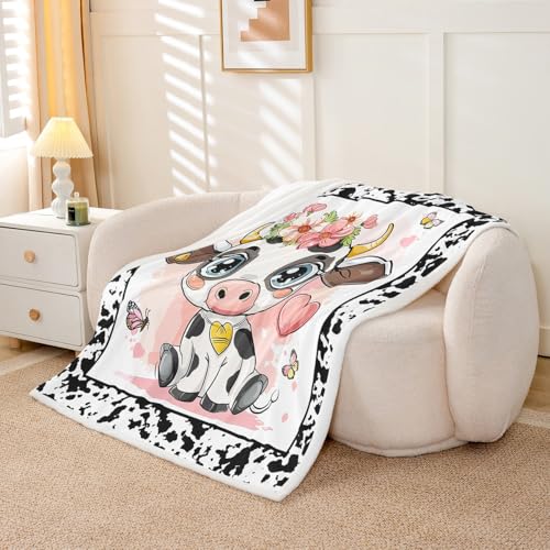 Cartoon Cow Kids Throw Blanket,Rustic Farm Animal Cow Skin Print Bed Blanket for Girls Women,Butterfly Love Heart Dreamy Fleece Blanket,Black White Fuzzy Blanket,Baby Size (30 x 39 Inches) - color: Black White, size: Baby
